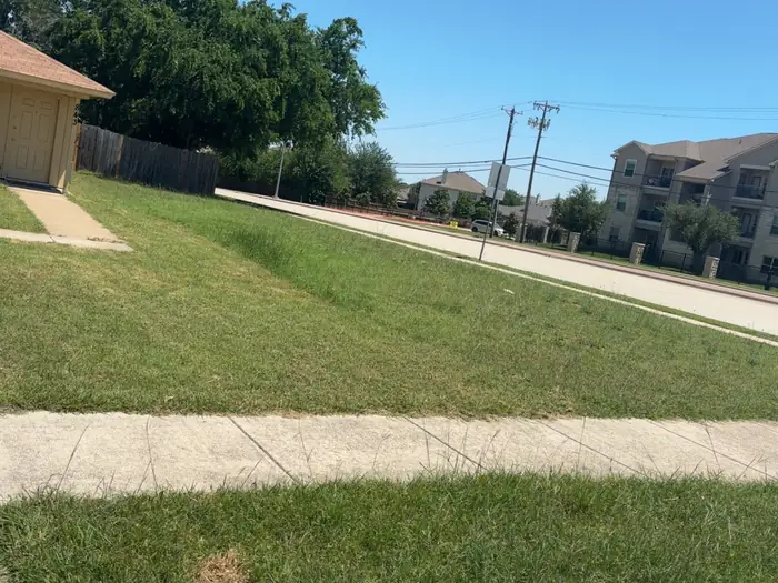 Long strip of lawn mown neatly between a sidewalk and the road