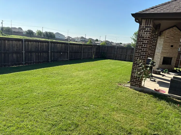 Deep green back yard lawn mowed alongside a brick home